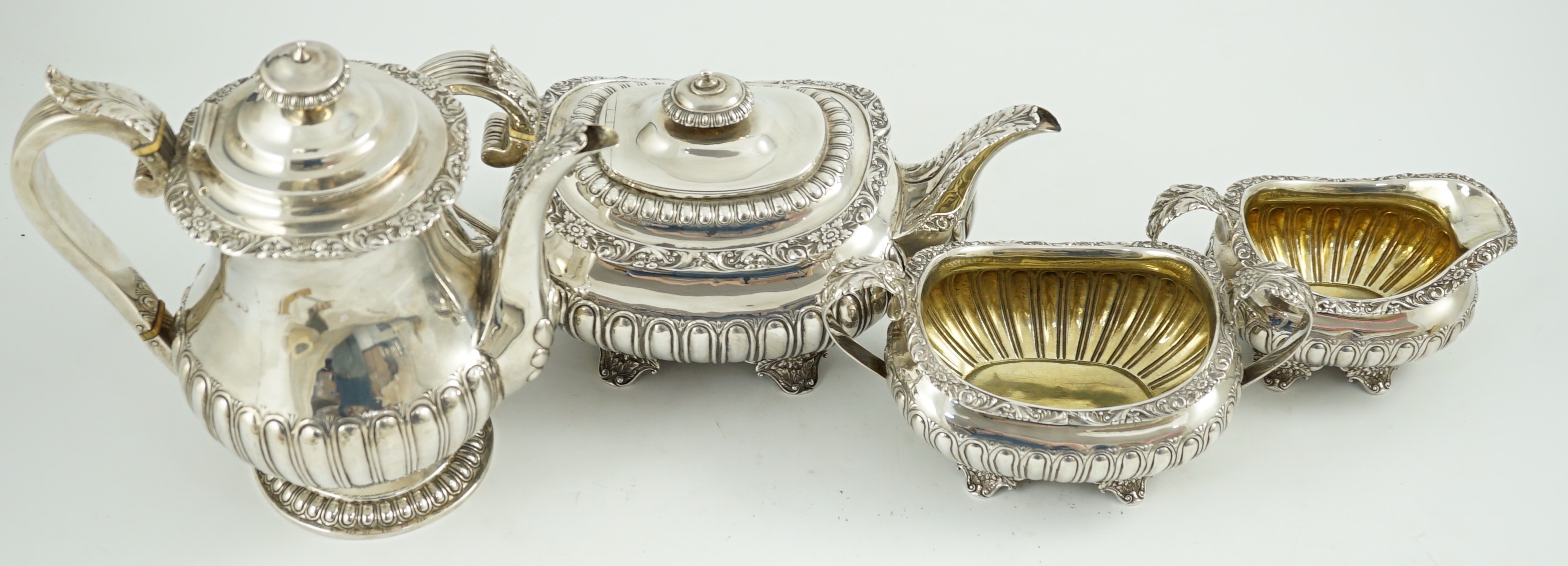 A George IV four piece demi fluted silver tea and coffee service, by Joseph Angell I